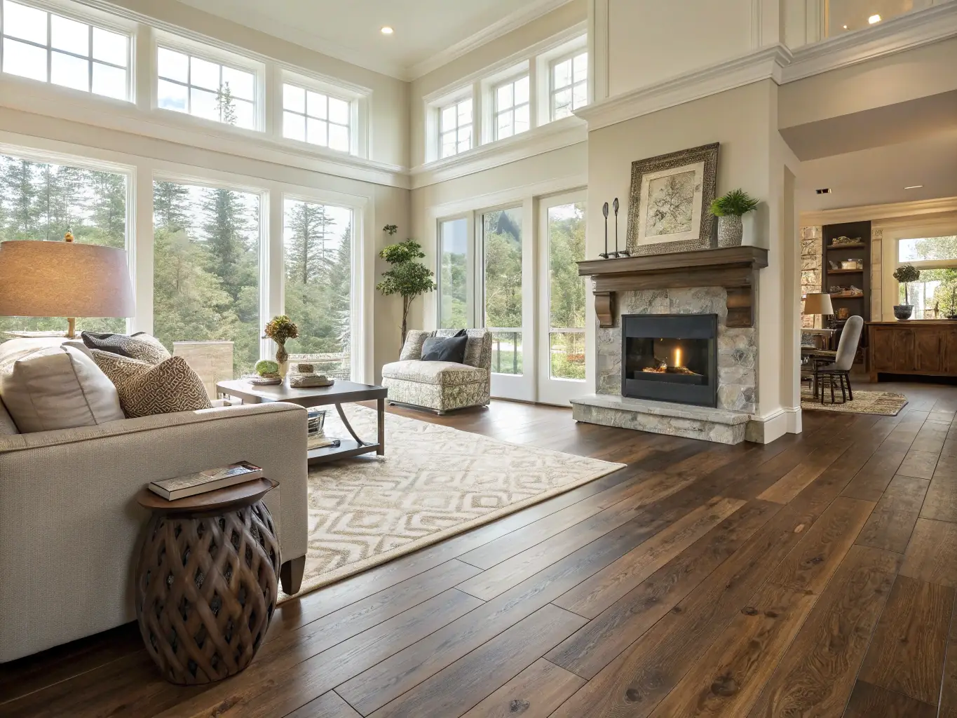 An image showcasing a beautifully installed hardwood floor in a modern living room, highlighting the quality and craftsmanship of Oxford Floors & Tiles Ltd.